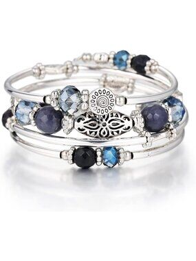 Stackable Beaded Bracelets for Women - Boho Silver Wrap Layered Fashion Jewelry